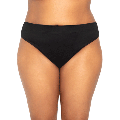 Black microfiber The Thong Period panty by The Period Company, designed for light flow protection.