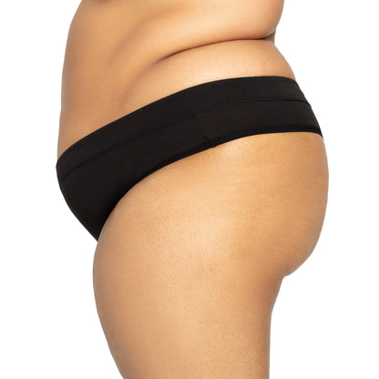 Black microfiber The Thong Period in light flow absorbency from The Period Company, designed for comfort during light menstrual days.