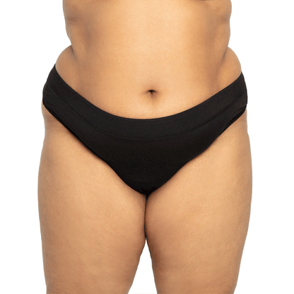 Black microfiber The Thong Period panty by The Period Company designed for light flow protection.