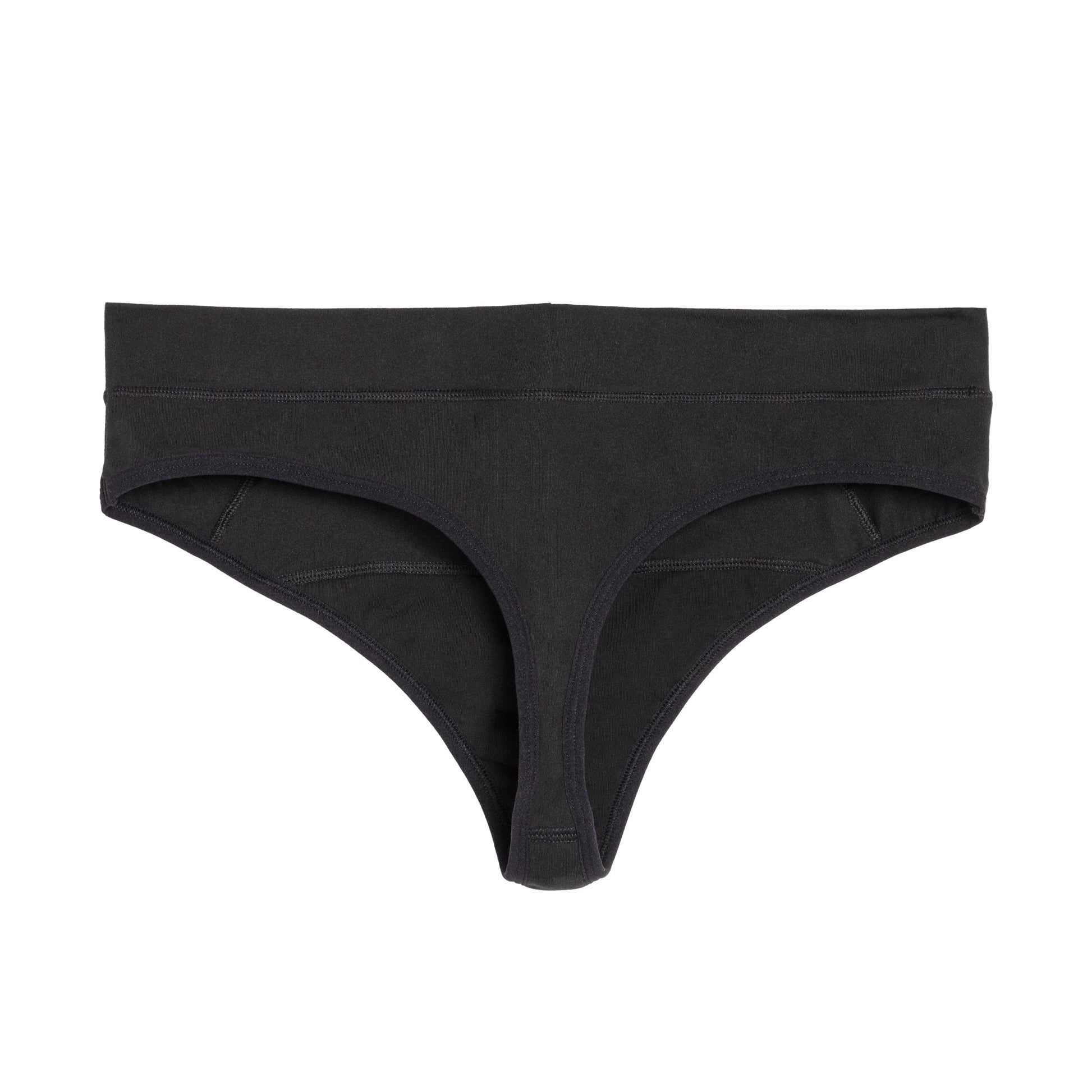Black microfiber The Thong Period underwear for light flows from The Period Company, shown on a white background.
