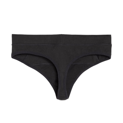 Black microfiber The Thong Period underwear for light flows from The Period Company, shown on a white background.