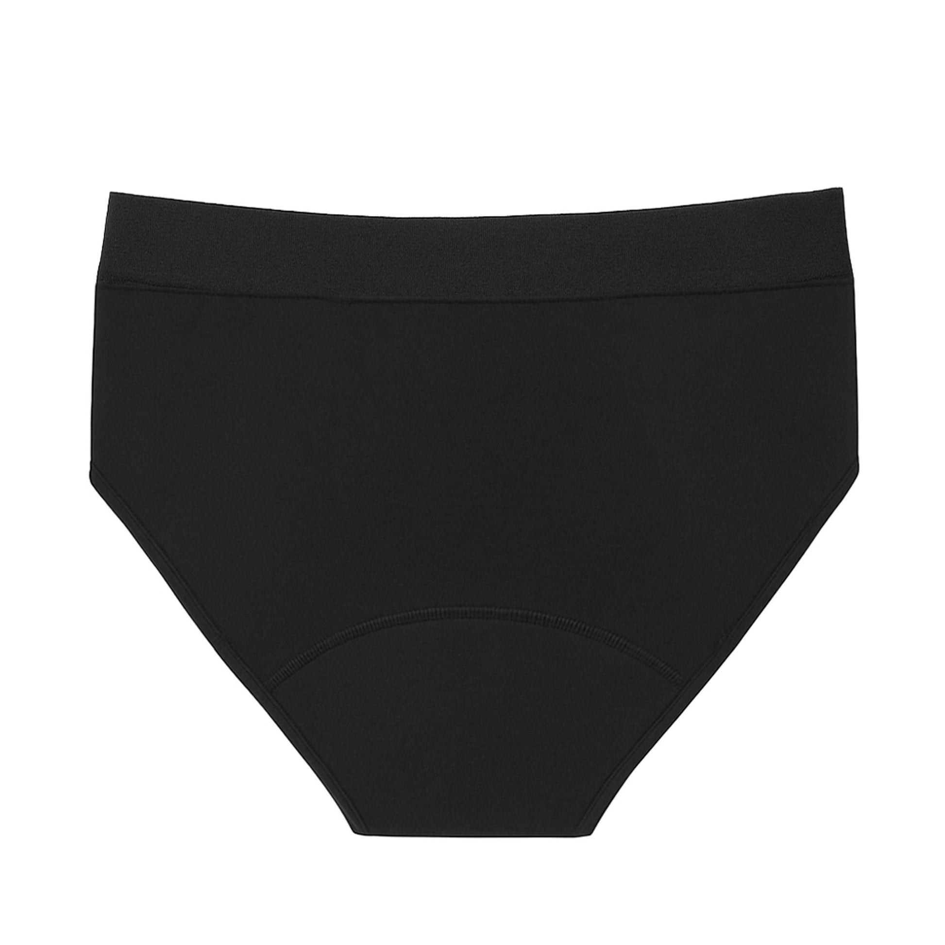Black The Teen Period Bikini in FlowStretch™ fabric for heavy flows, shown flat back view, designed by The Period Company.