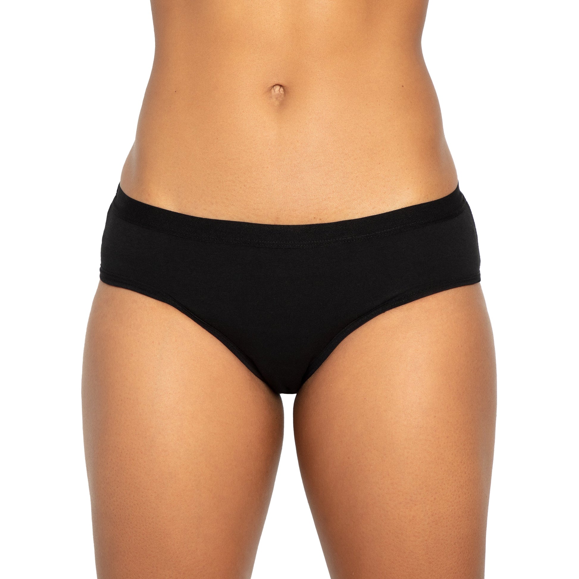 Black microfiber Bikini Period panty by The Period Company designed for medium flows, shown on a flat lay with fabric texture.