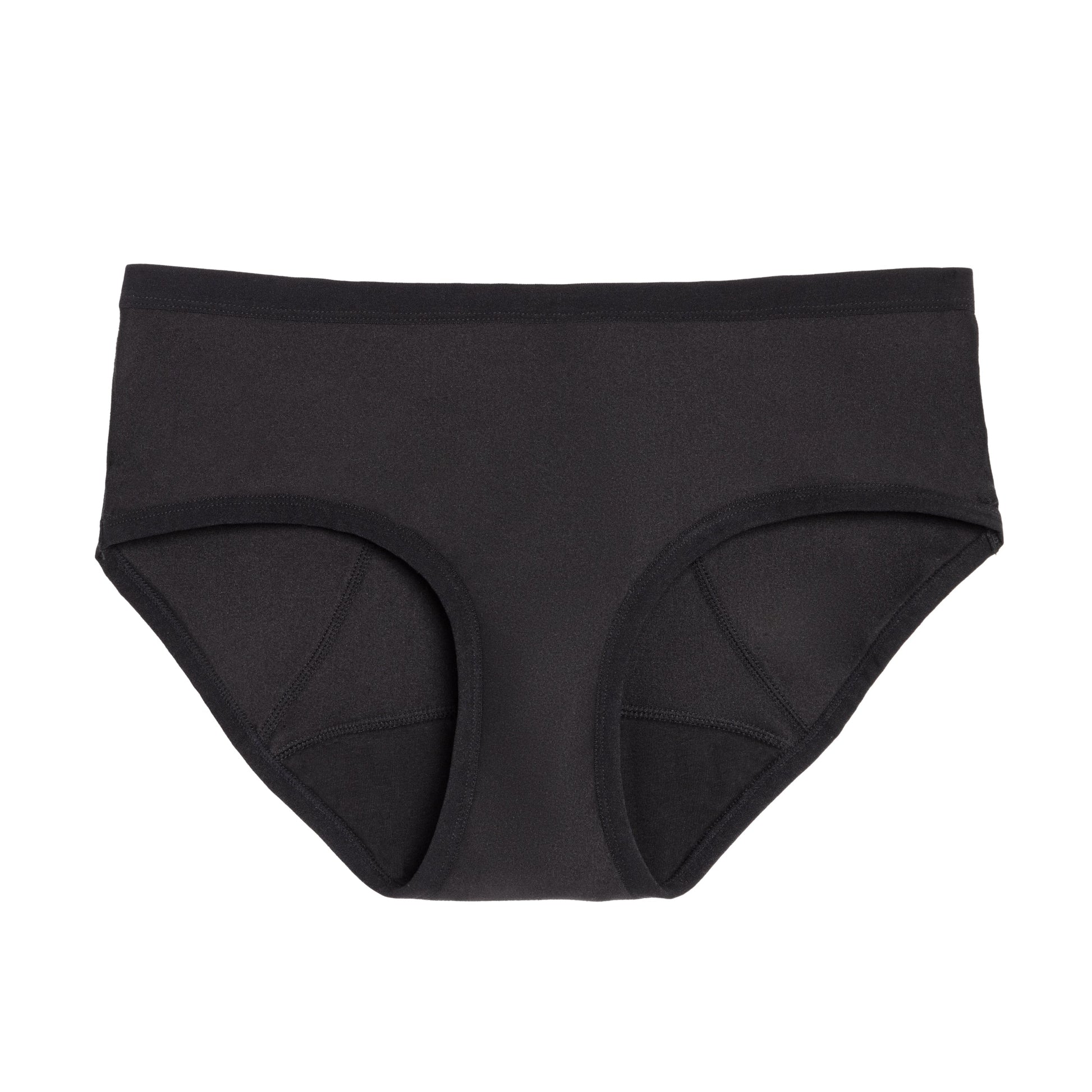 Black The Bikini Period microfiber menstrual pad by The Period Company designed for medium flows, shown on a flat surface.