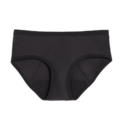 Black The Bikini Period microfiber menstrual pad by The Period Company designed for medium flows, shown on a flat surface.