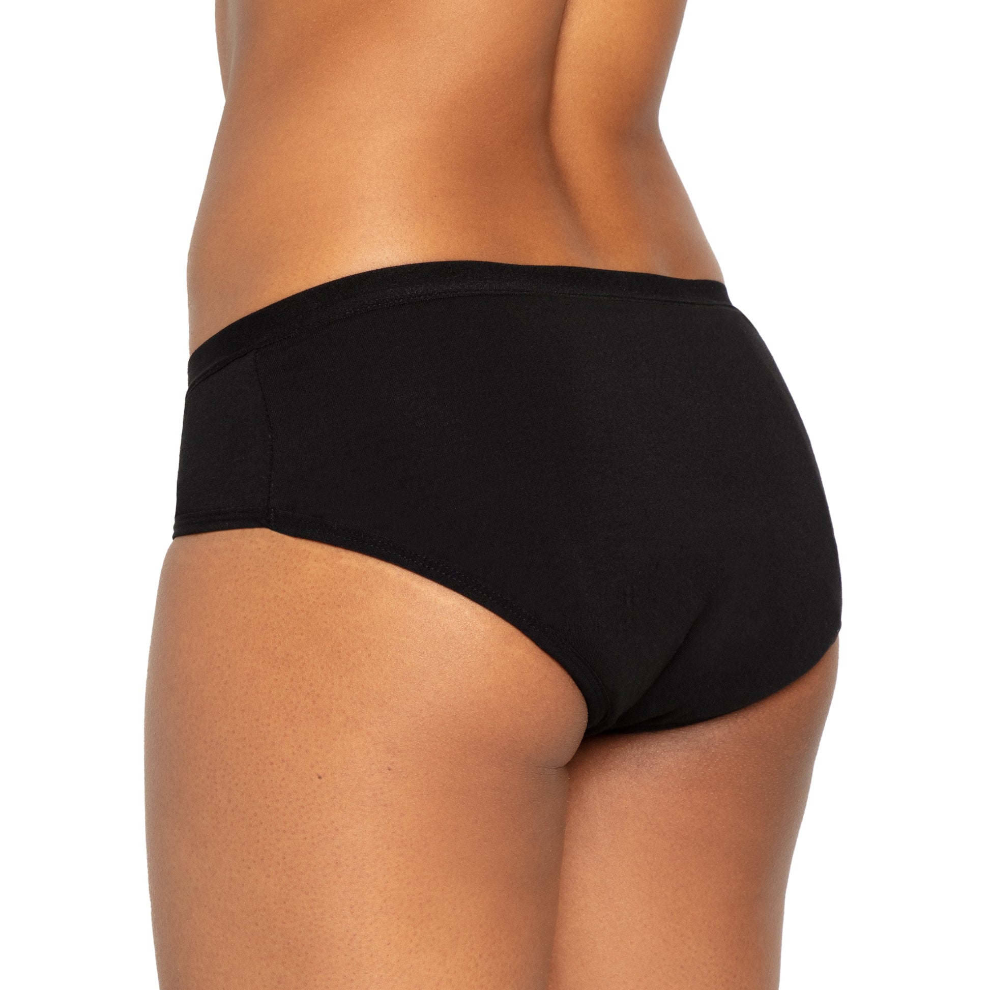 Black microfiber bikini period underwear by The Period Company for medium flows, shown laid flat with smooth fabric.