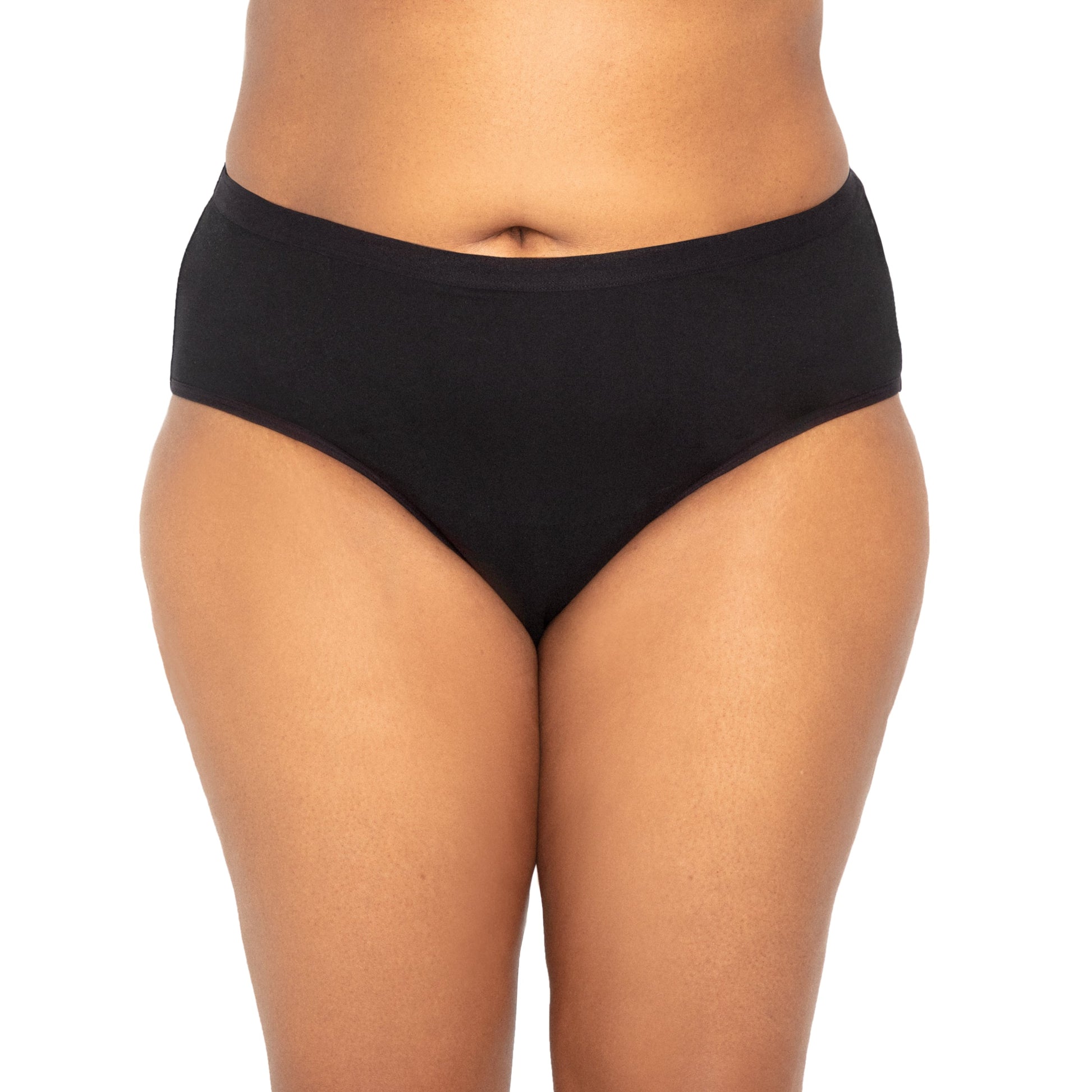 Black microfiber bikini-style period underwear for medium flows by The Period Company, shown in a close-up image.