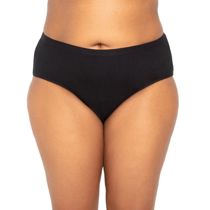 Black microfiber bikini-style period underwear for medium flows by The Period Company, shown in a close-up image.