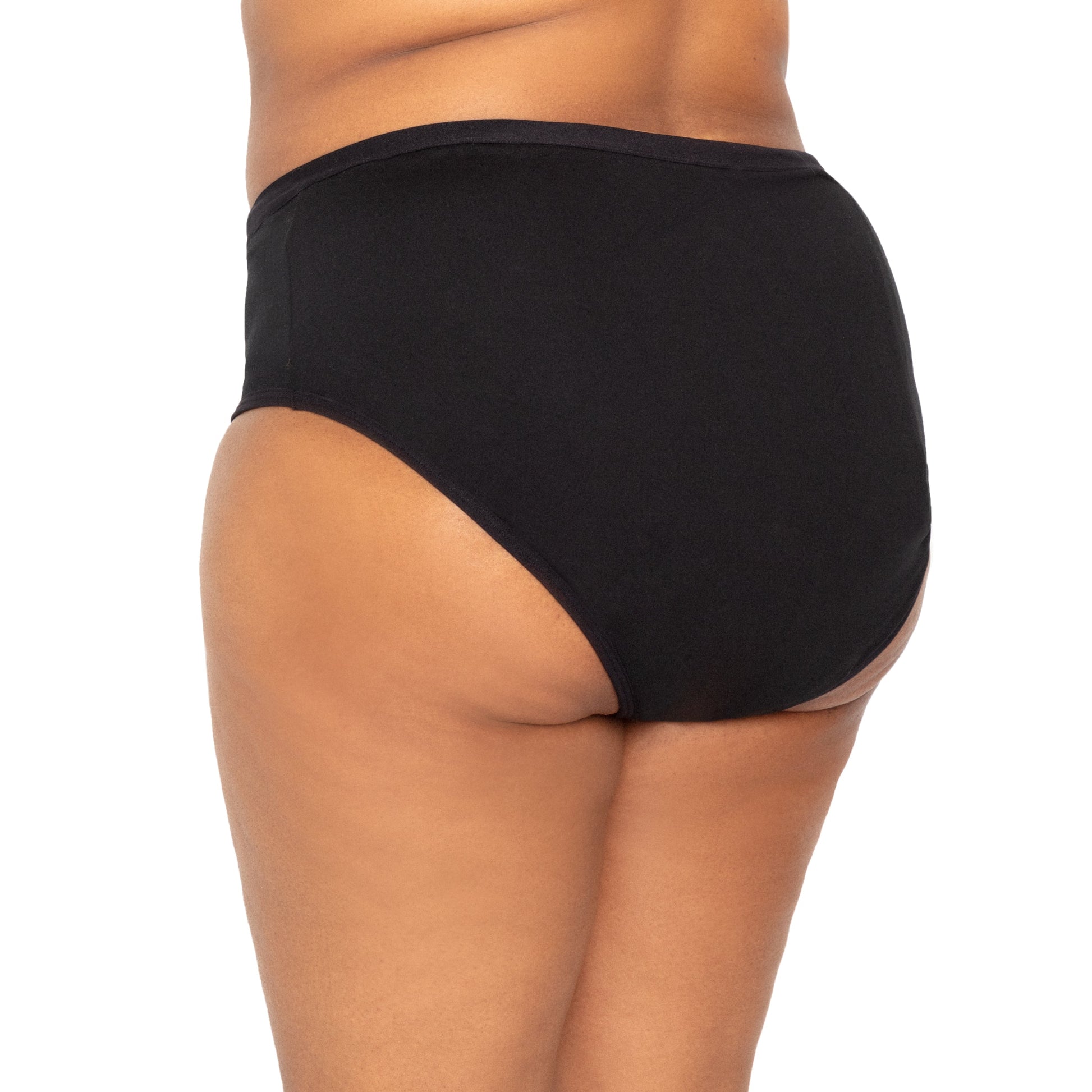 Black microfiber Bikini Period from The Period Company designed for medium flows, shown on a model.