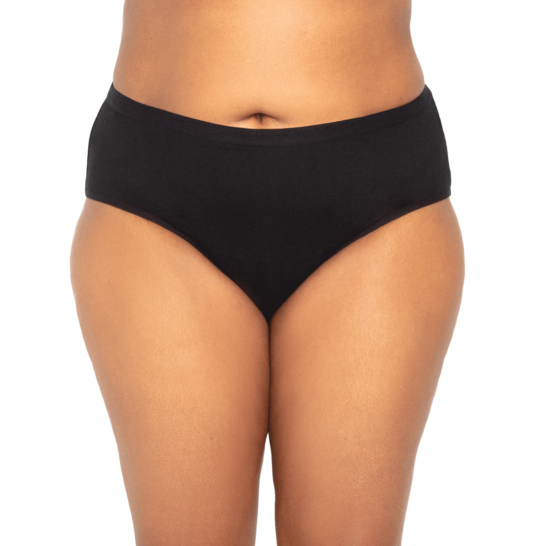 Black The Bikini Period microfiber menstrual panty by The Period Company, designed for medium flows, shown on a white background.