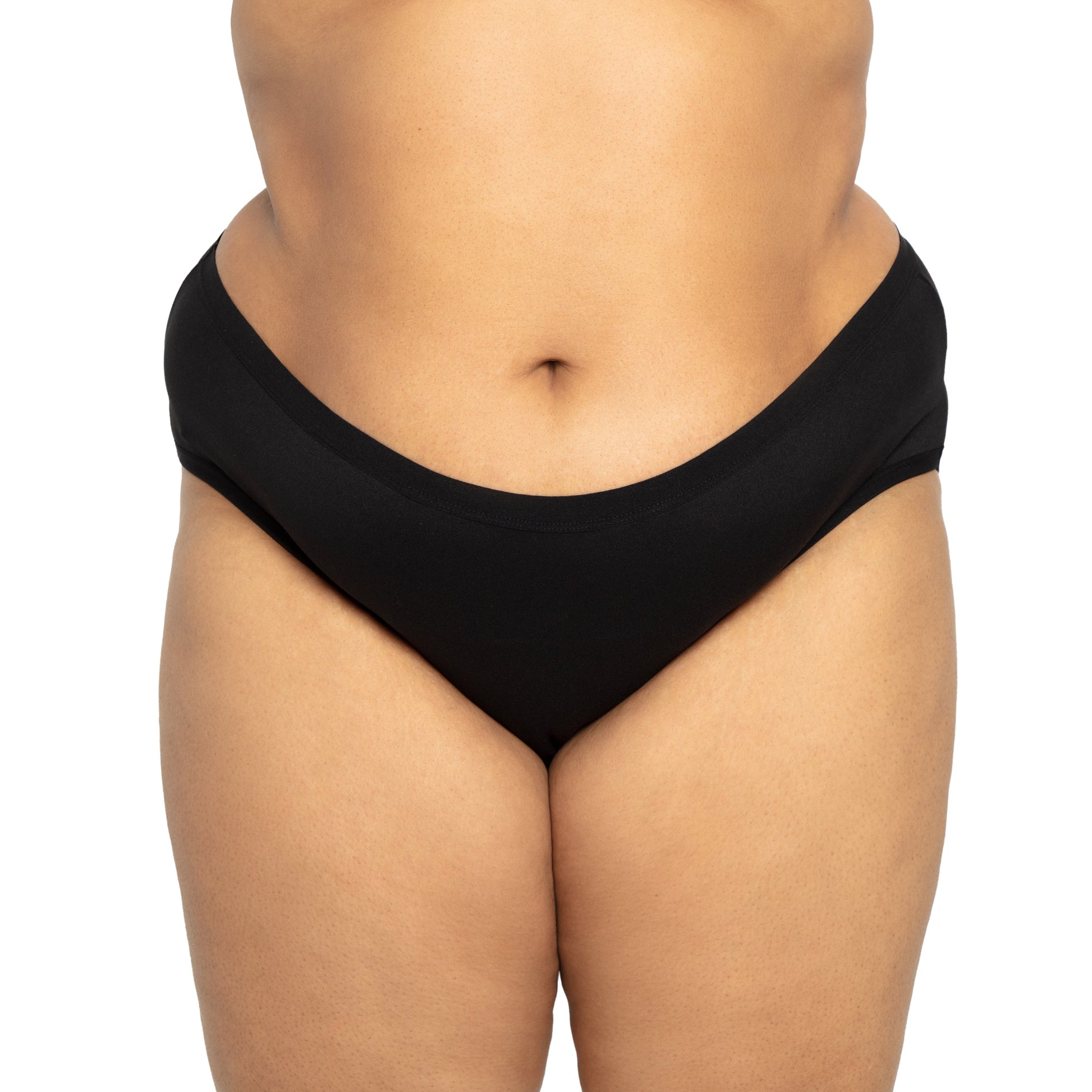 Black microfiber Bikini Period panty by The Period Company designed for medium flows, shown with smooth fabric and secure fit.