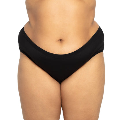 Black microfiber Bikini Period panty by The Period Company designed for medium flows, shown with smooth fabric and secure fit.