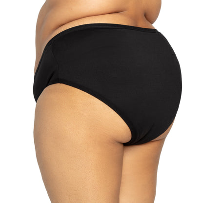 Black microfiber The Bikini Period menstrual pad by The Period Company for medium flows, shown folded with soft fabric texture.