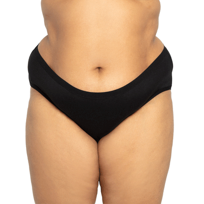 Black microfiber Bikini Period underwear by The Period Company designed for medium flow, featuring comfortable, reusable menstrual protection.
