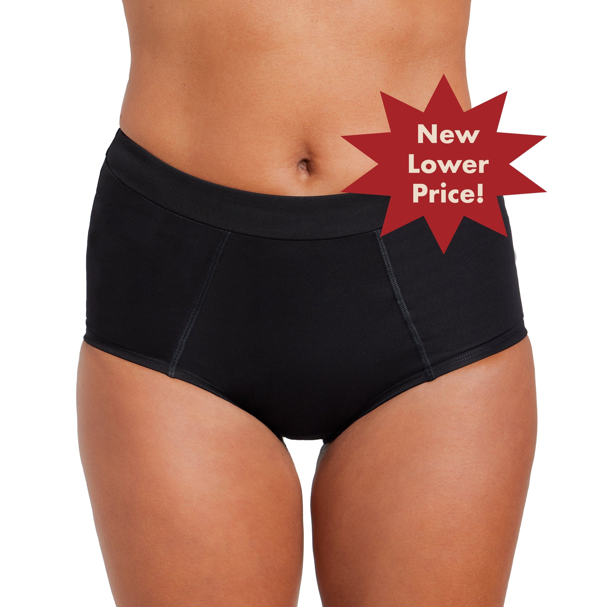 Black microfiber boyshort period underwear by The Period Company, designed for medium flows, shown on a white background.
