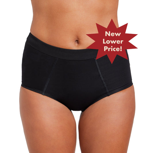 Black microfiber boyshort period underwear from The Period Company with a front view, designed for medium flow protection.