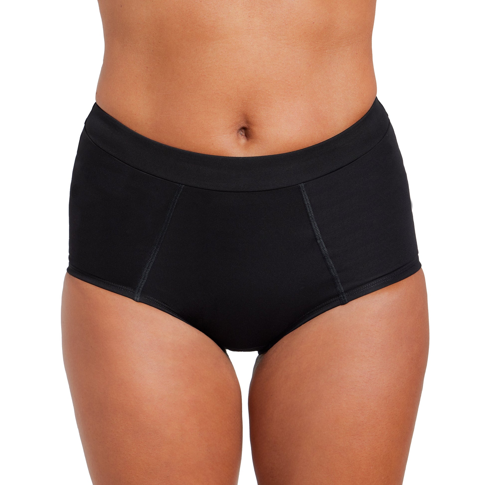Black microfiber boyshort period underwear by The Period Company designed for medium flows, shown on a model.
