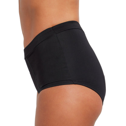 Black microfiber boyshort period underwear by The Period Company designed for medium flows, shown on a model.