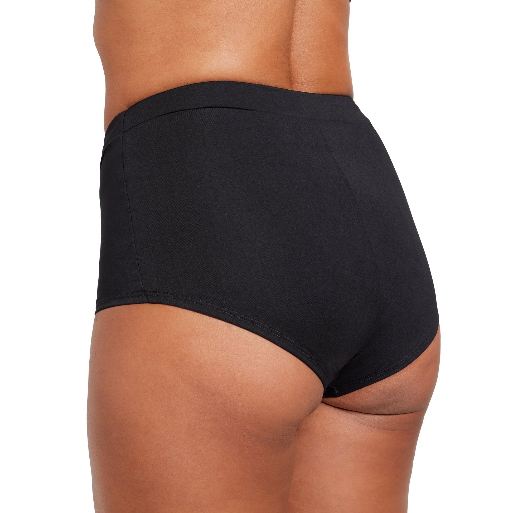 Black microfiber Boyshort Period underwear by The Period Company designed for medium flows, shown on a white background.