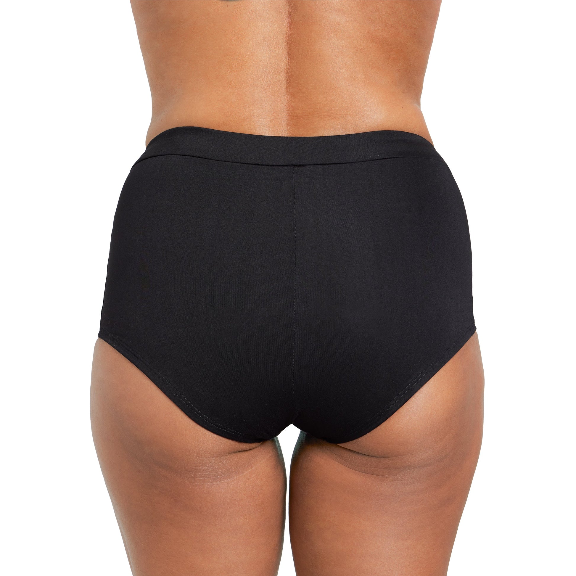 Black The Boyshort Period in microfiber by The Period Company, designed for medium flows, shown on a white background.