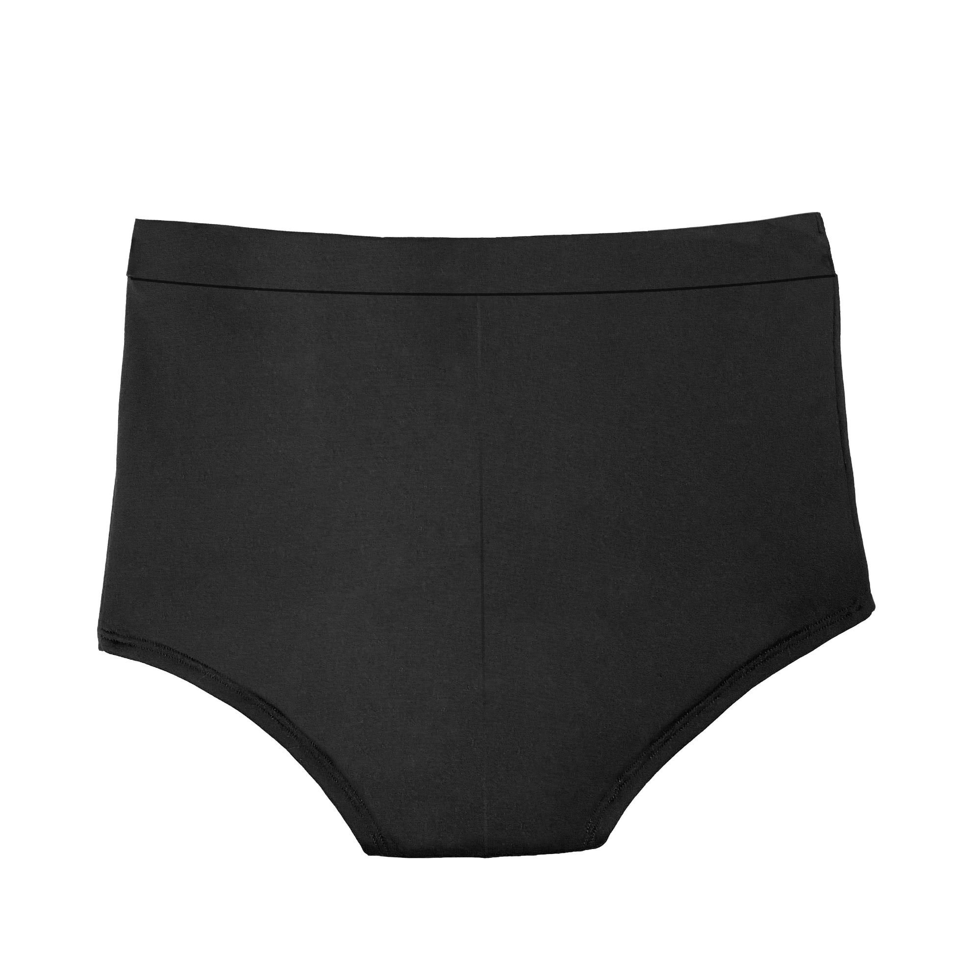 Black microfiber boyshort period underwear by The Period Company, designed for medium flows, shown on a flat lay.