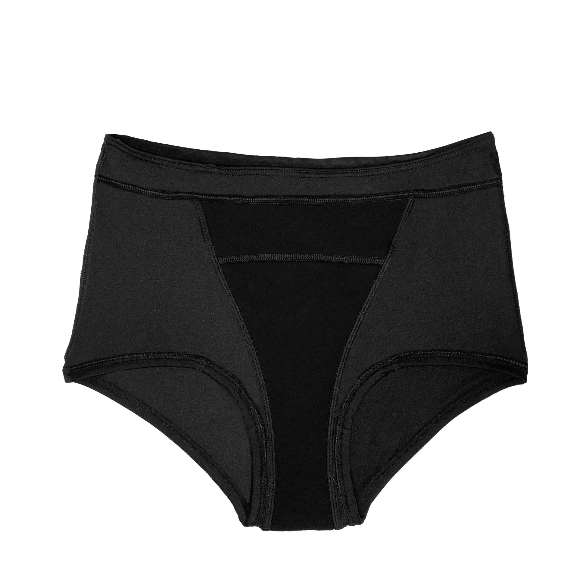 Black microfiber boyshort period underwear by The Period Company, designed for medium flows.