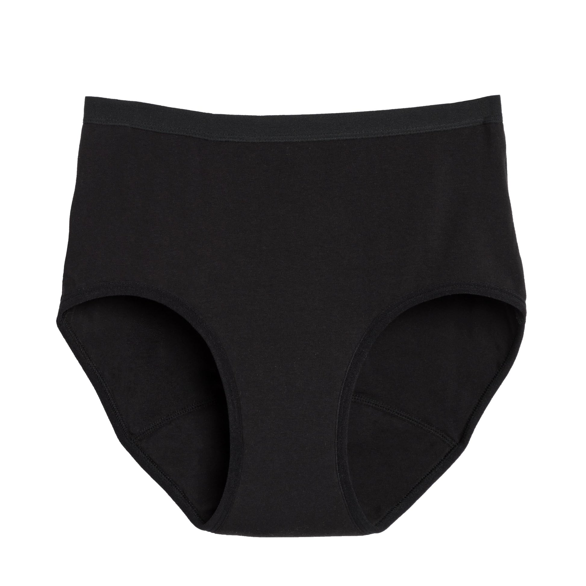 Black high-waisted cotton period underwear for medium flows by The Period Company, shown on a flat surface.