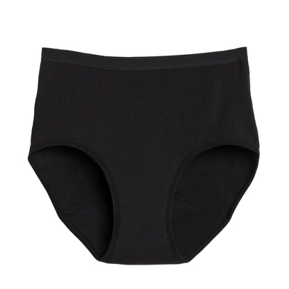 Black high-waisted cotton period underwear for medium flows by The Period Company, shown on a flat surface.