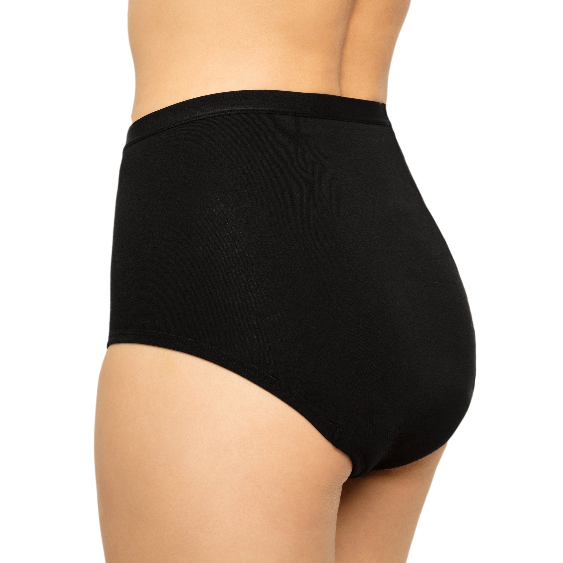 Black high-waisted period underwear by The Period Company designed for medium flows, made from soft, breathable cotton.