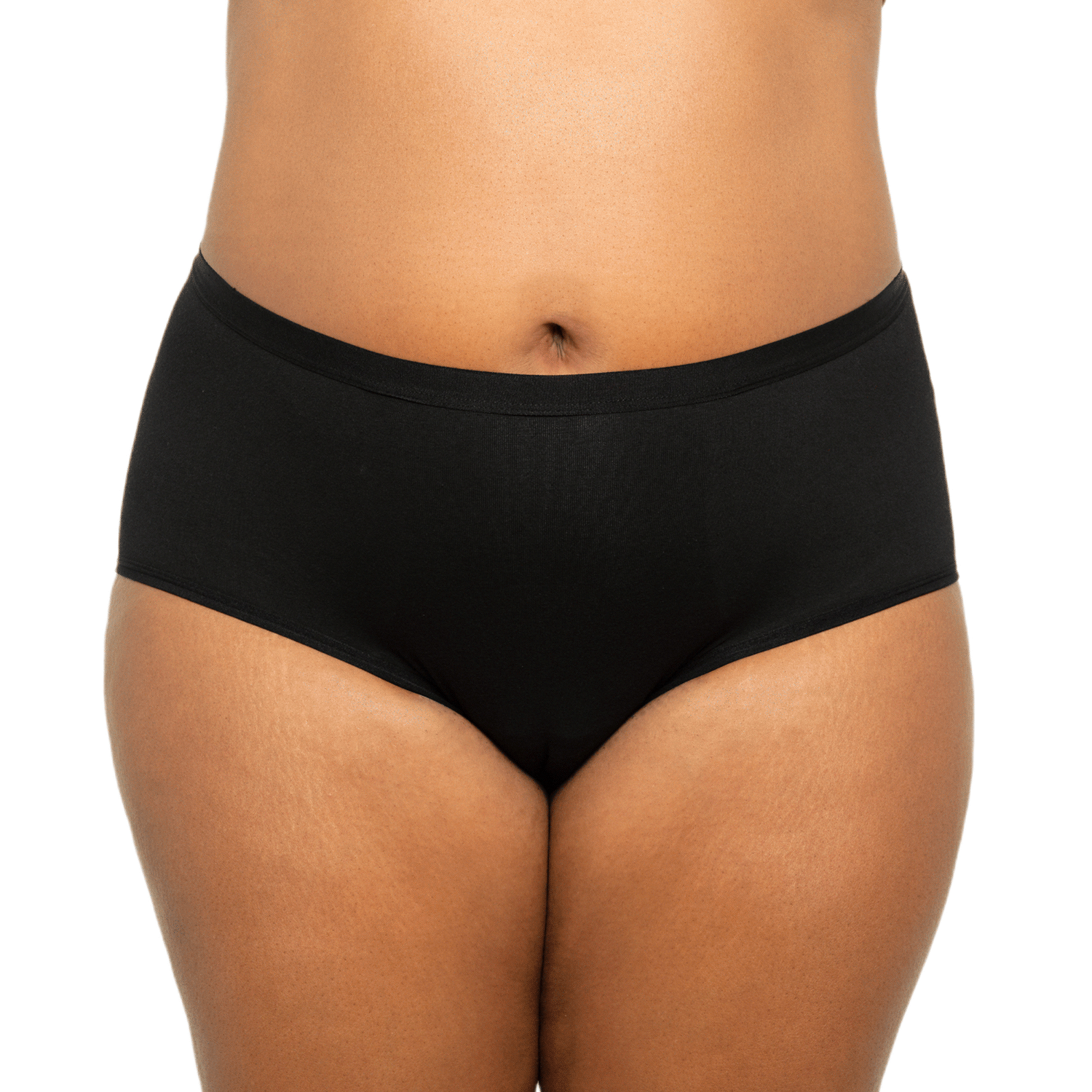 Black high-waisted cotton period underwear for medium flows by The Period Company, shown on a model.