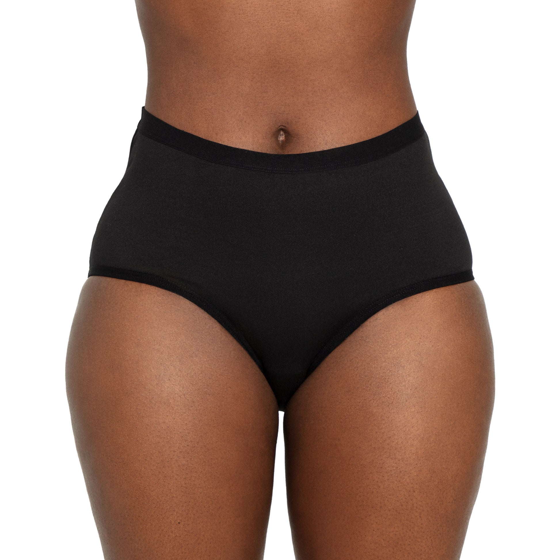Black high-waisted microfiber period underwear for medium flows by The Period Company, shown on a hanger.