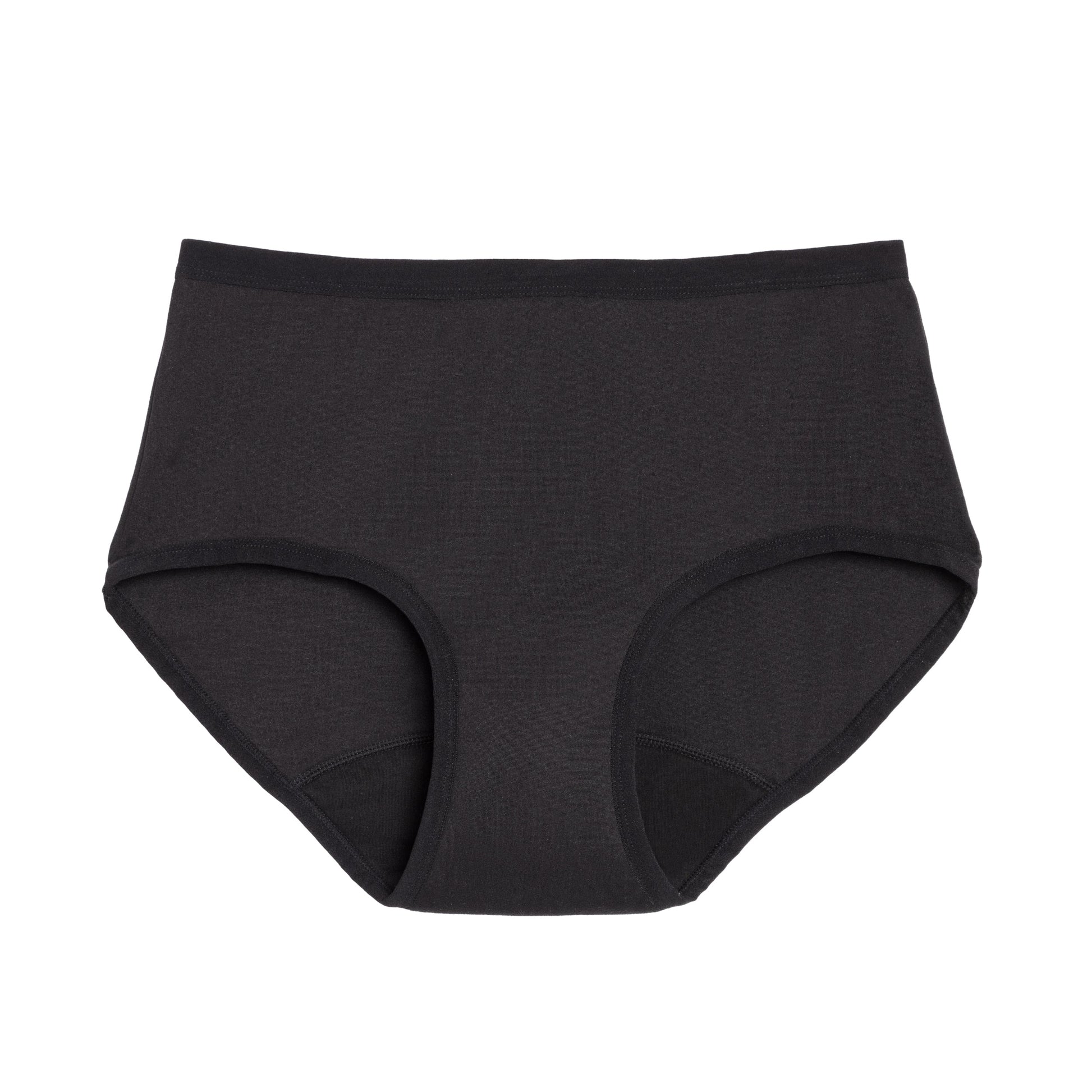 Black high-waisted microfiber period underwear by The Period Company designed for medium flows, shown on a white background.