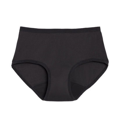 Black high-waisted microfiber period underwear by The Period Company designed for medium flows, shown on a white background.
