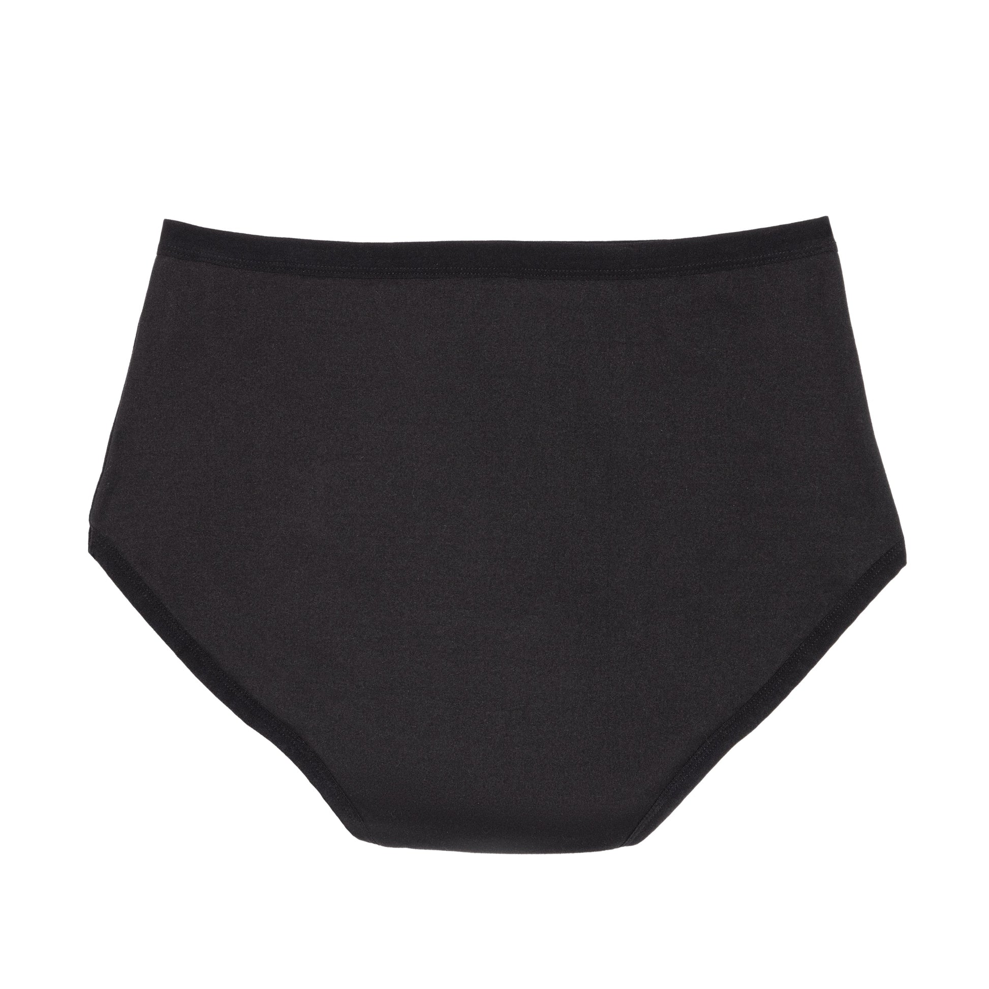 Black high-waisted microfiber period underwear for medium flows by The Period Company, shown on a flat lay.
