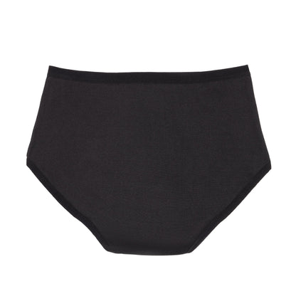 Black high-waisted microfiber period underwear for medium flows by The Period Company, shown on a flat lay.