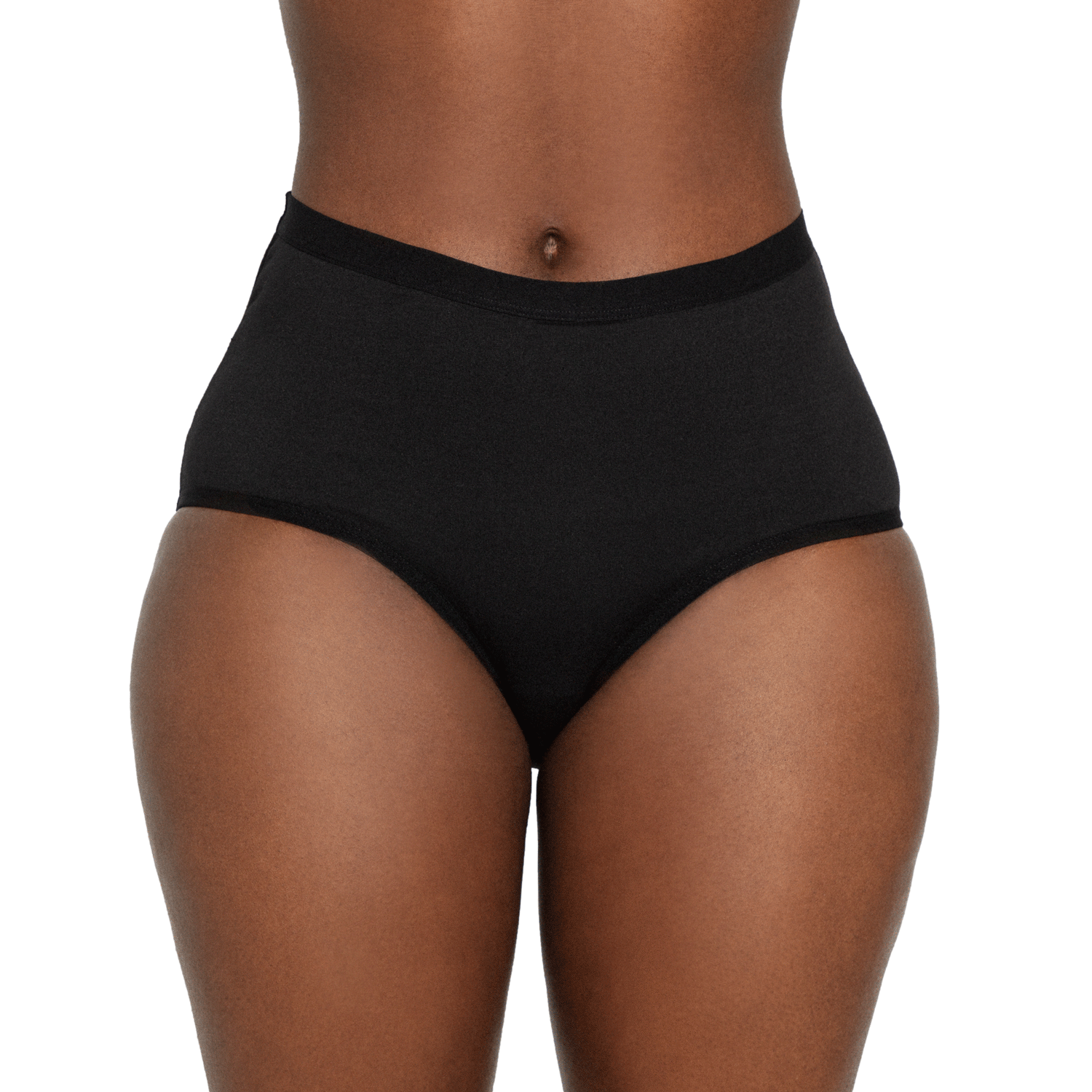 Black high-waisted microfiber menstrual pad for medium flows from The Period Company, shown on a white background.