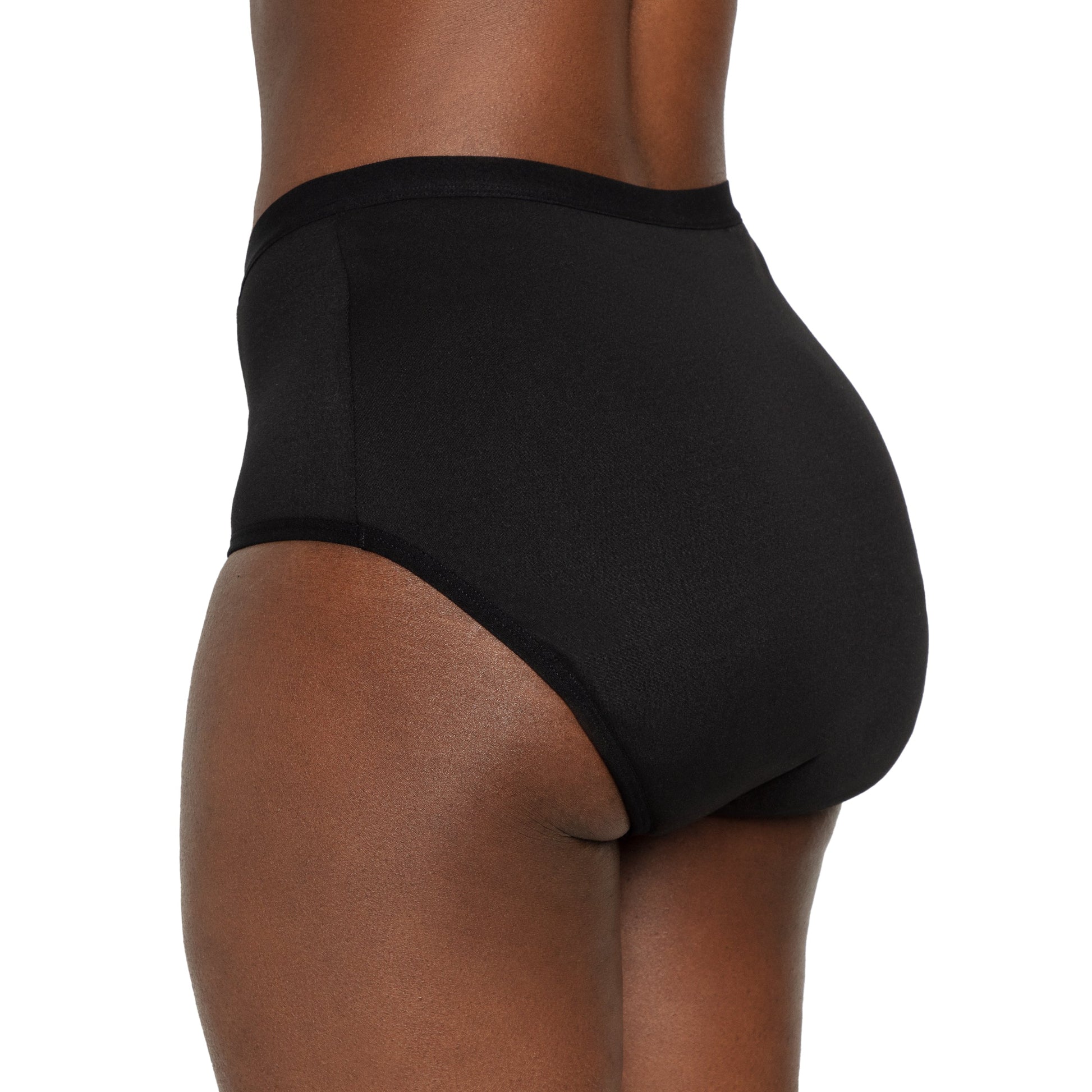 Black high-waisted microfiber period underwear for medium flows by The Period Company, shown on a model.