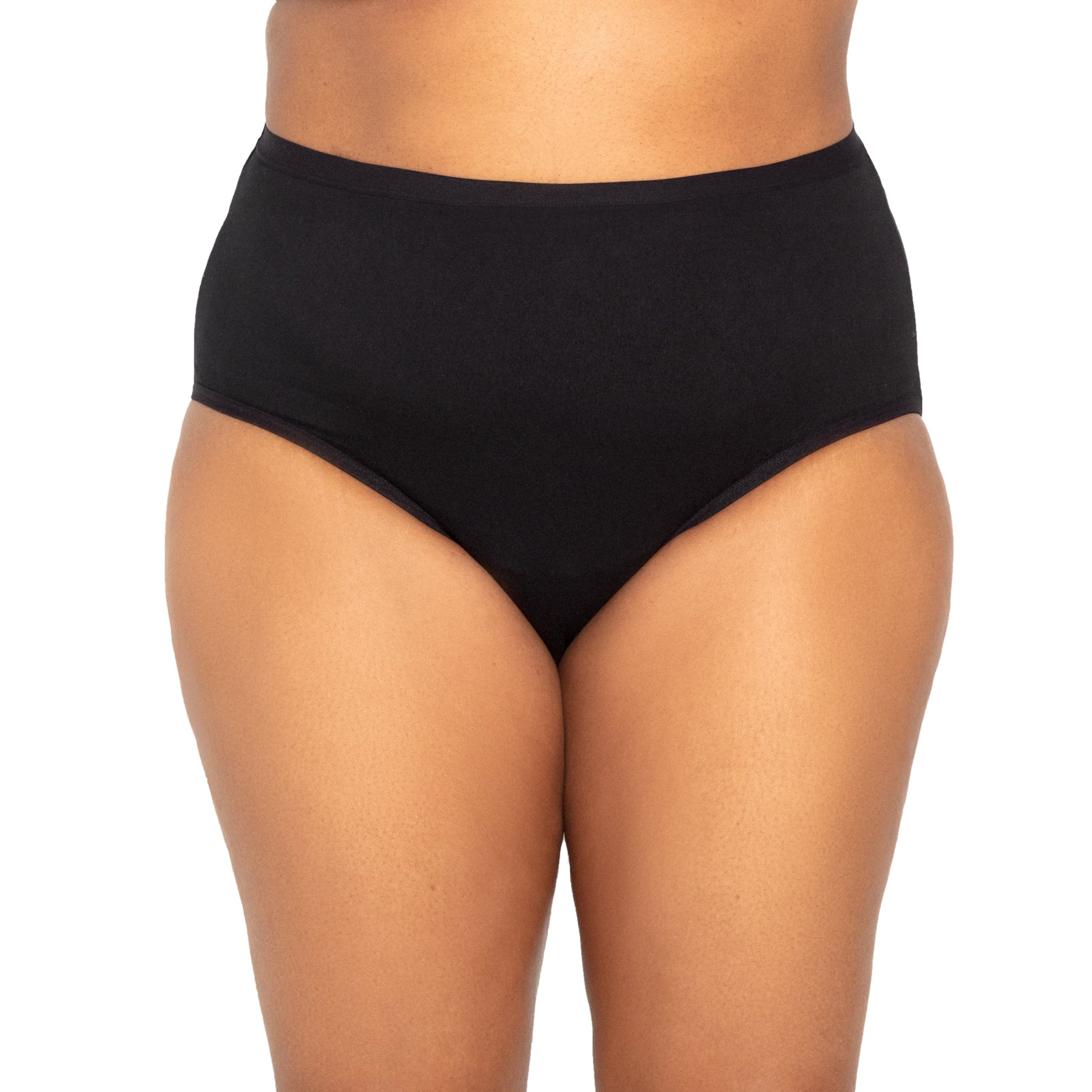 Black high-waisted microfiber period underwear for medium flows by The Period Company, shown on a model.