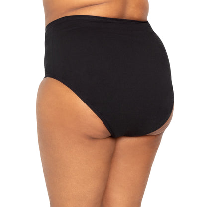 Black high-waisted microfiber period underwear by The Period Company designed for medium flow protection.