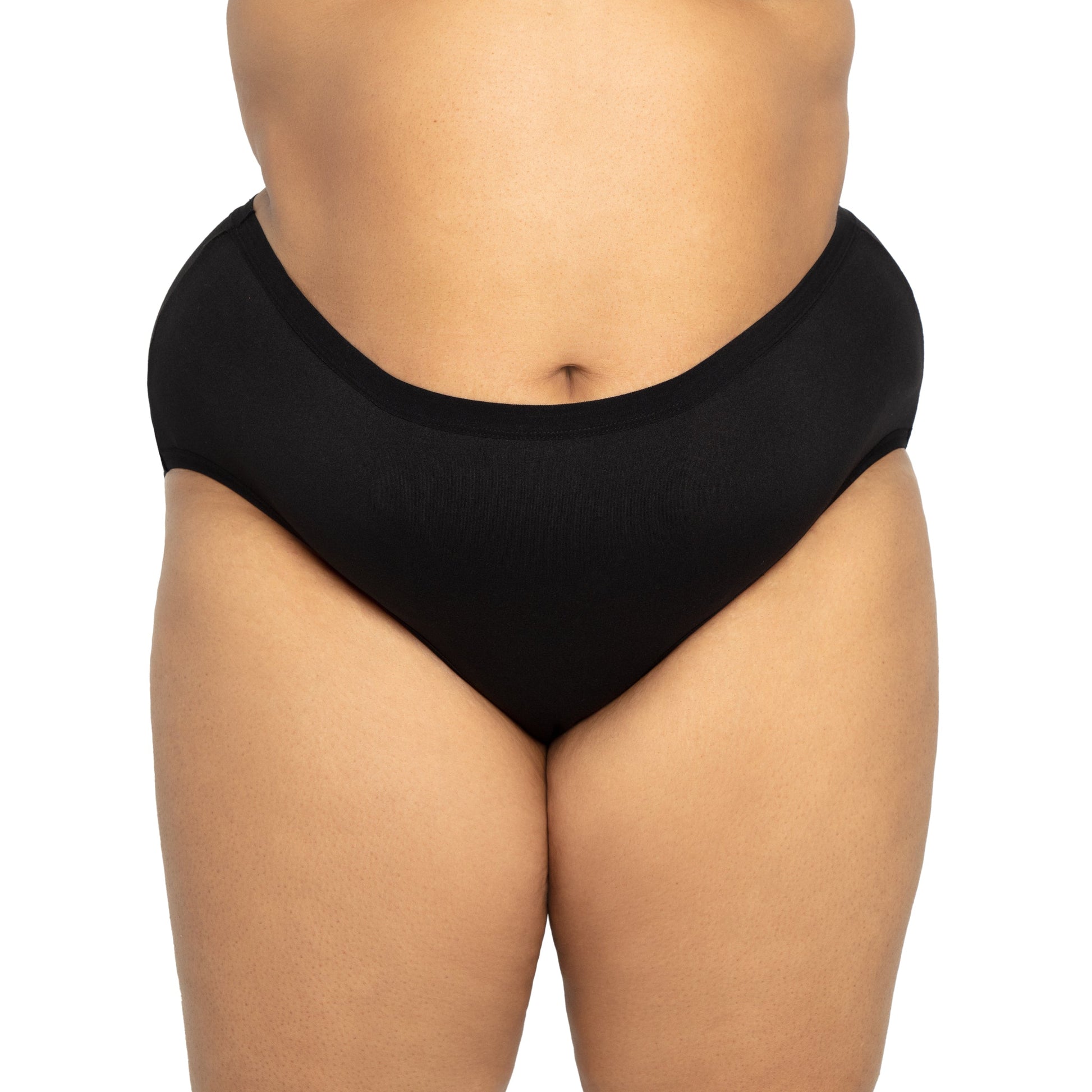 Black high-waisted microfiber period underwear for medium flows by The Period Company, displayed on a white background.