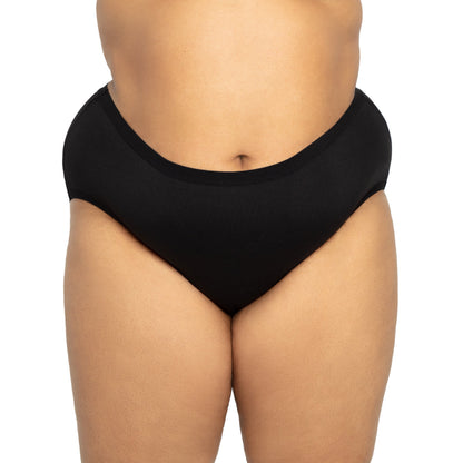 Black high-waisted microfiber period underwear for medium flows by The Period Company, displayed on a white background.