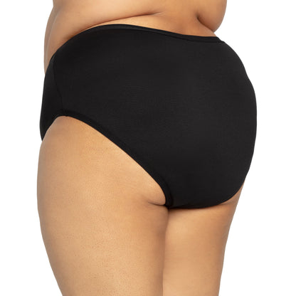 Black high-waisted microfiber period underwear for medium flows by The Period Company, shown on a model.