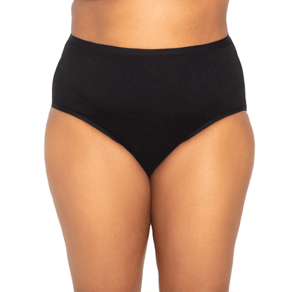 Black high-waisted microfiber period underwear for medium flows, designed for comfort and leak protection by The Period Company.