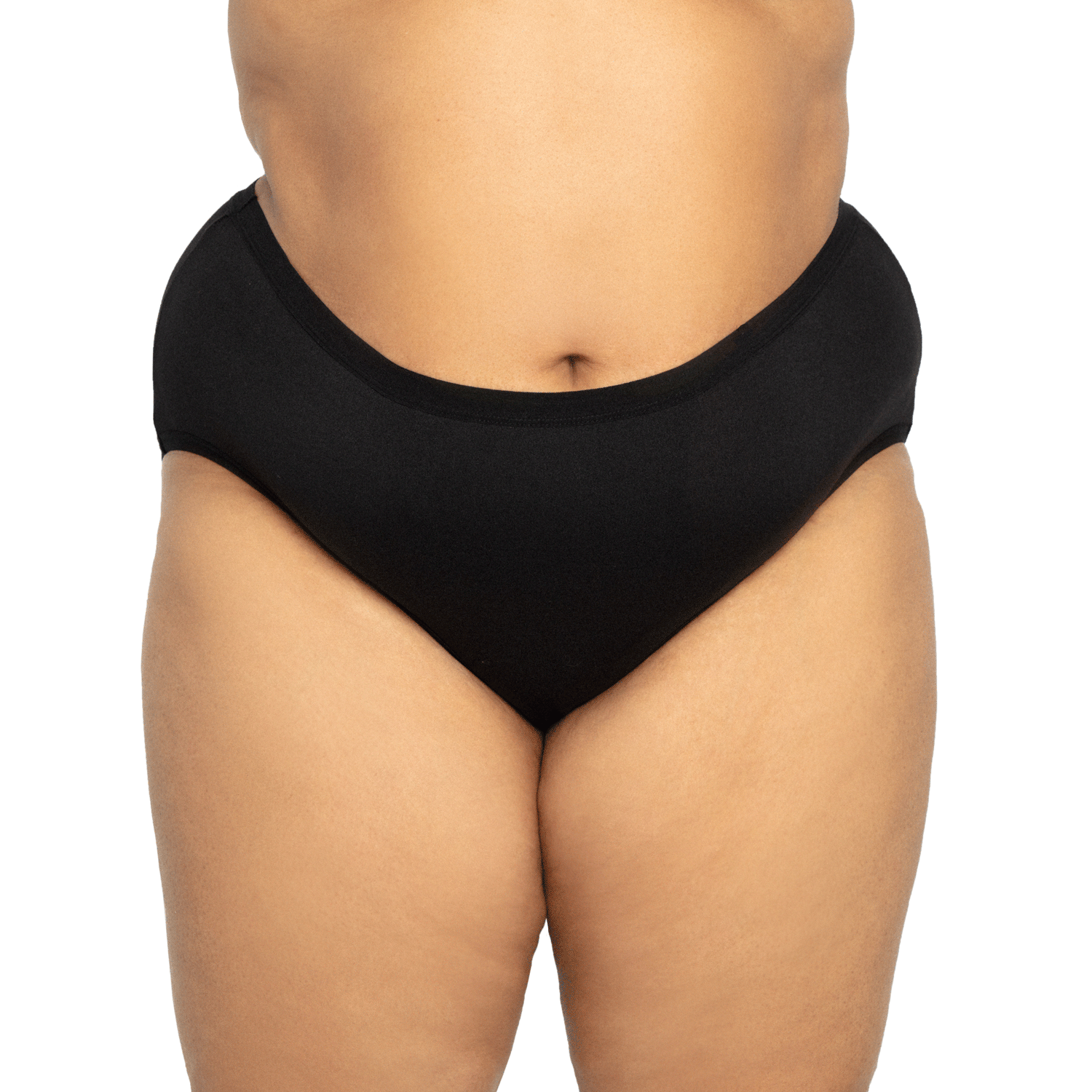 Black high-waisted microfiber period underwear by The Period Company designed for medium flows, shown laid flat.
