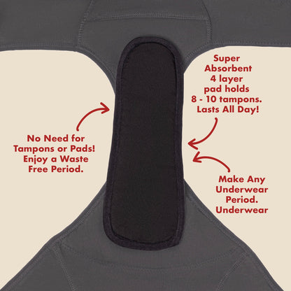 Set of five reusable feminine pads from The Period Company in black, designed for heavy flows and eco-friendly protection.