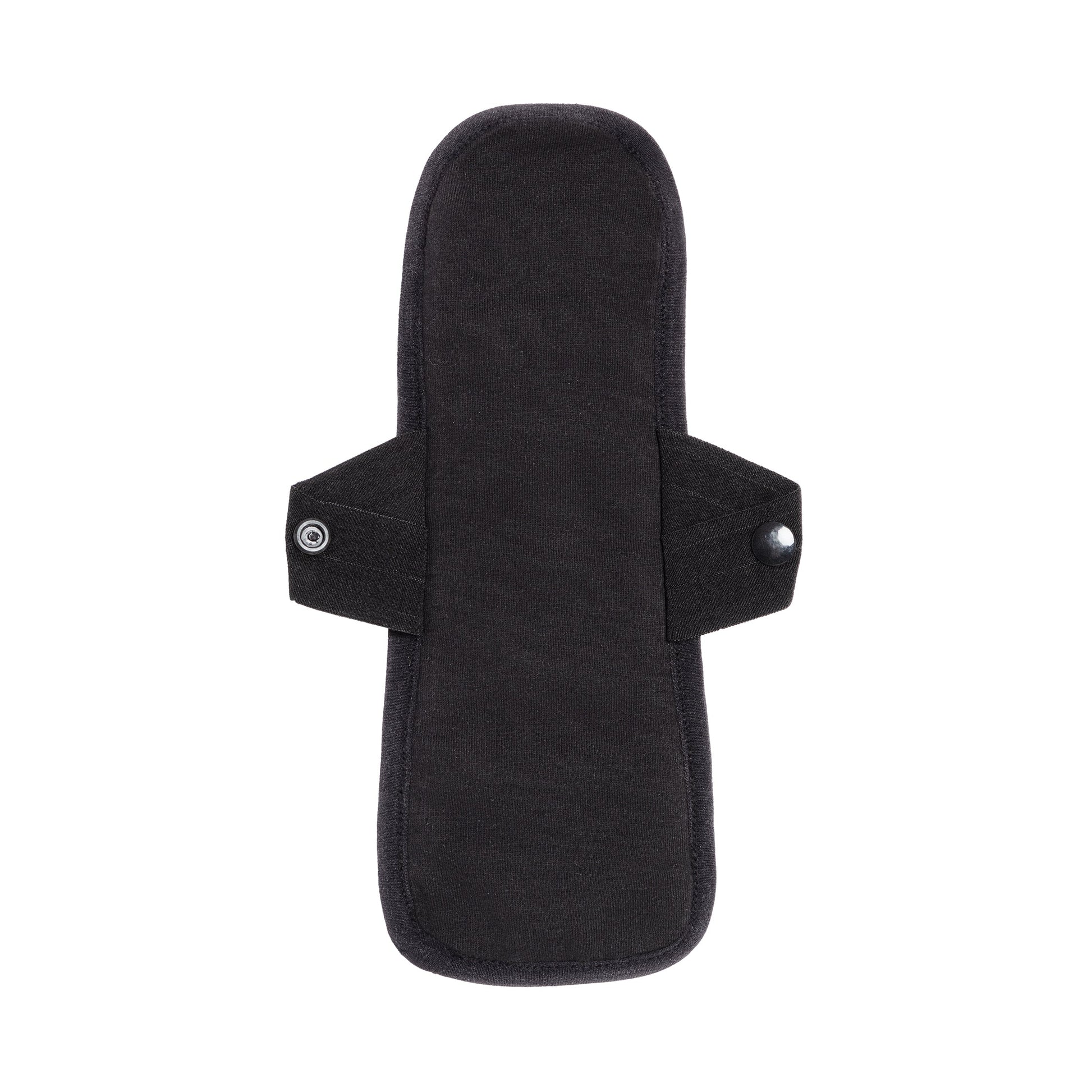Set of five reusable feminine pads from The Period Company for heavy flows, shown in black, one-size design.