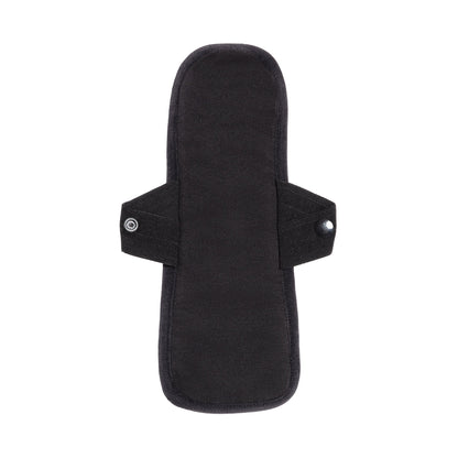 Set of five reusable feminine pads from The Period Company for heavy flows, shown in black, one-size design.