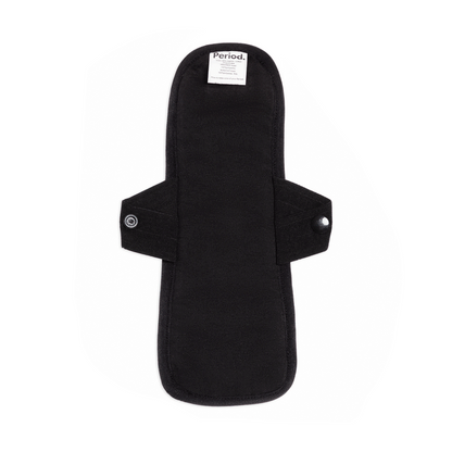 Set of five reusable pantyliners for medium flows by The Period Company, shown in black, made of soft, eco-friendly fabric.