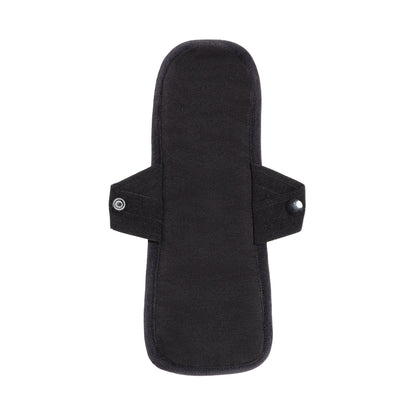 Set of five reusable feminine pantyliners for medium flows by The Period Company, black, one size, made for daily protection.