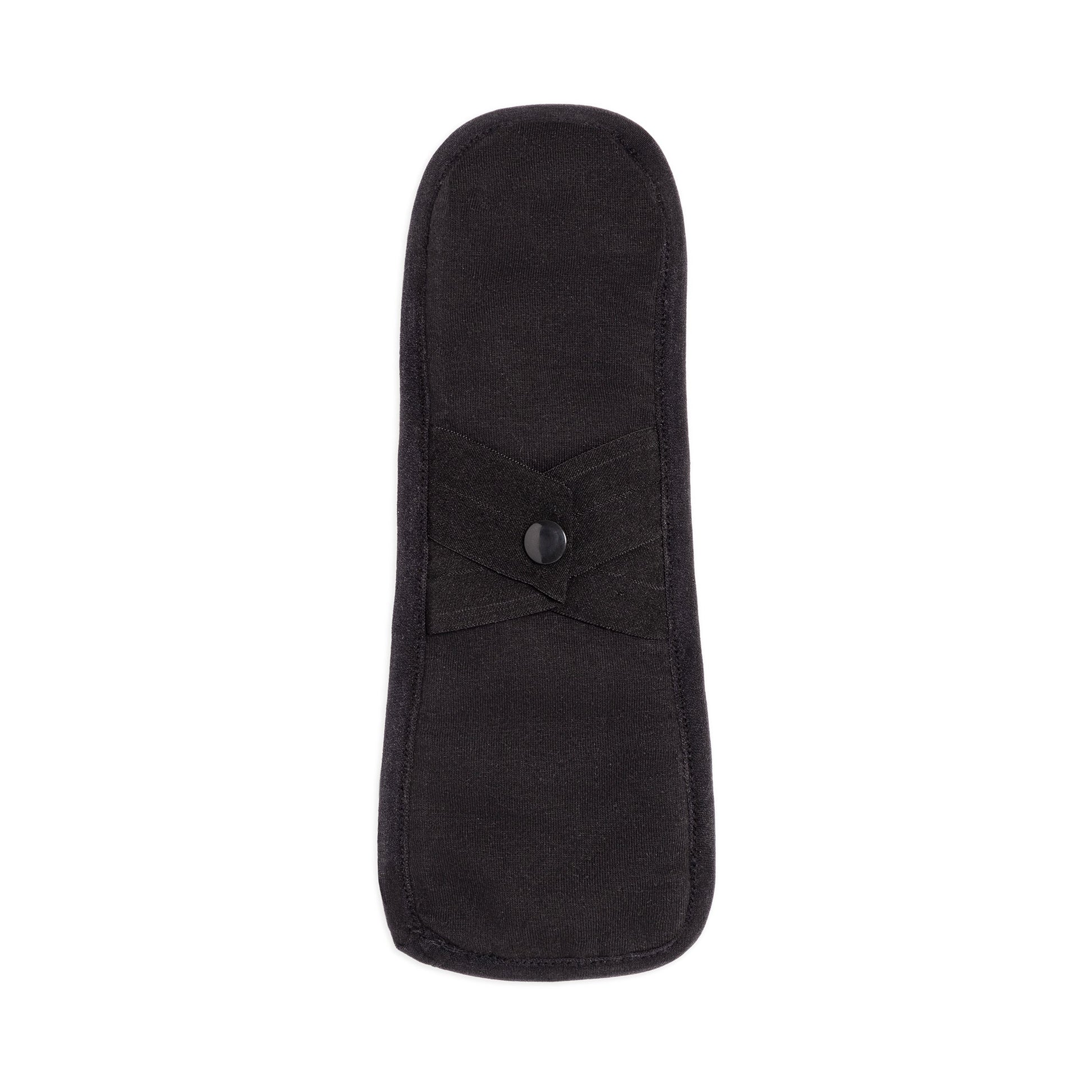 Set of five reusable pantyliners for medium flows by The Period Company, featuring black, one-size feminine pads and protectors.